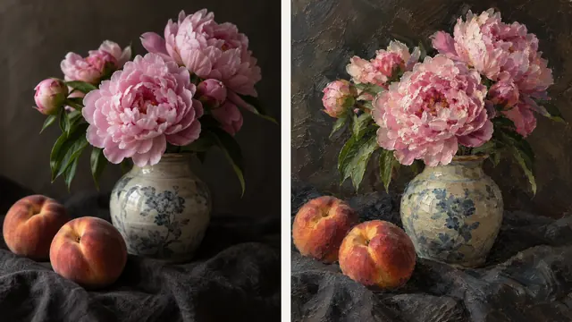 Photograph and oil painting comparison of a peony vase and peaches