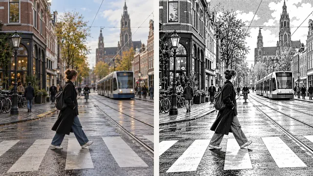 Street photograph and black-and-white print comparison